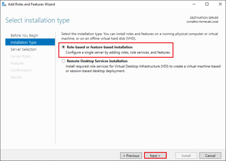 Selecting the role-based installation option