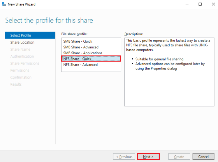 Displaying NFS Share- Quick option