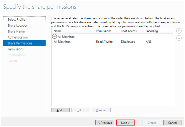 Displaying selected share permissions