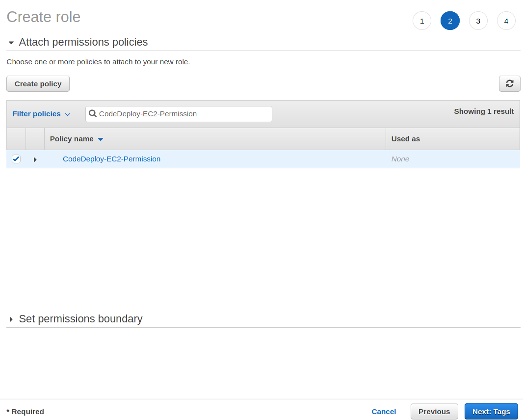 Attaching the CodeDeploy-EC2-Permission policy to the IAM role