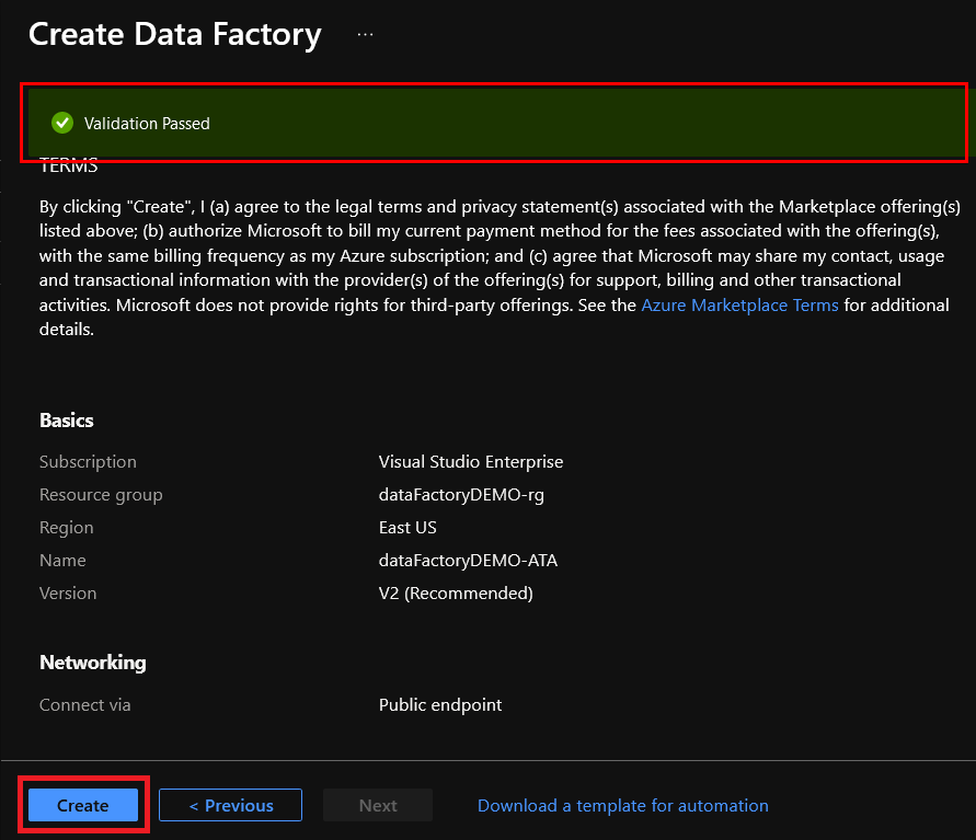 Passing Validations and Creating Azure Data Factory