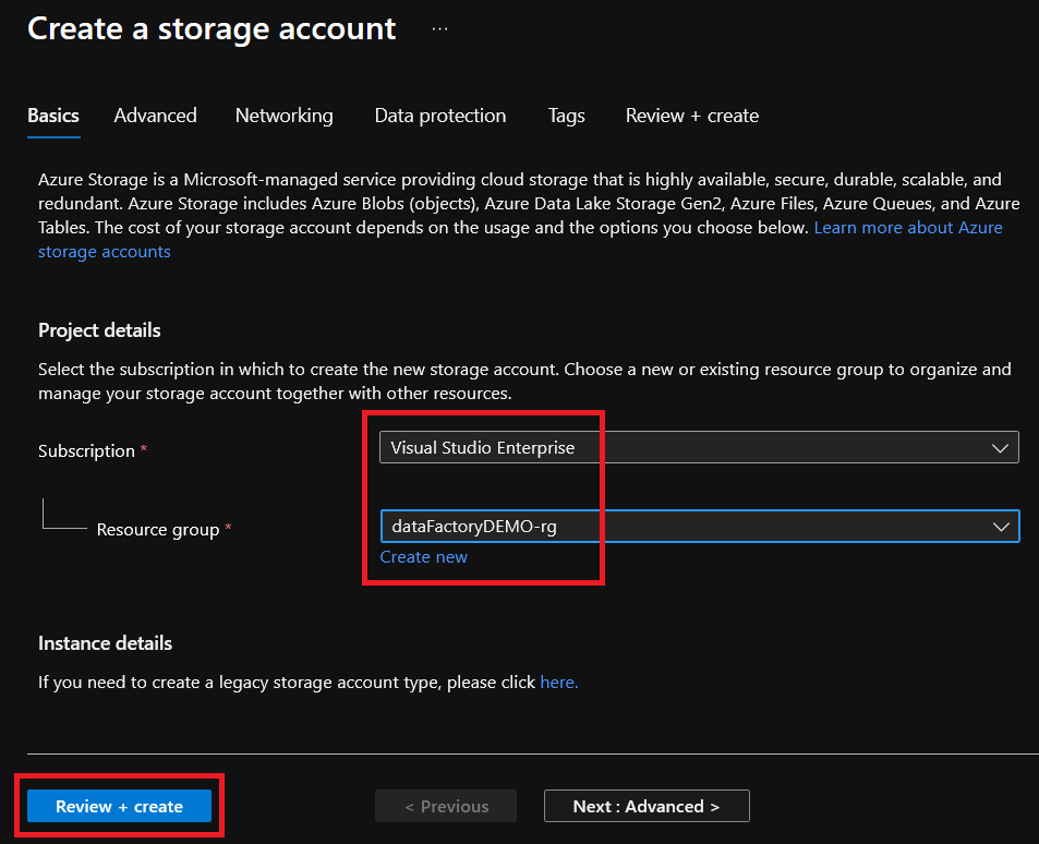 Setting up Resource Group and Region for Storage Account
