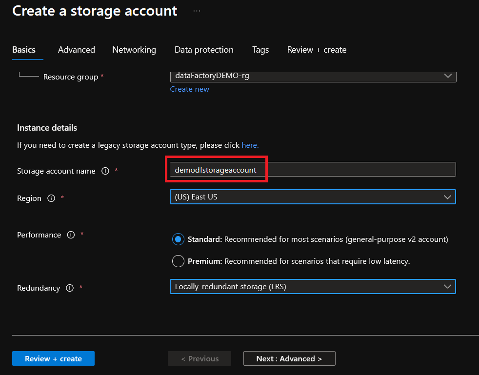 Defining the Name of the Storage Account and Redundancy