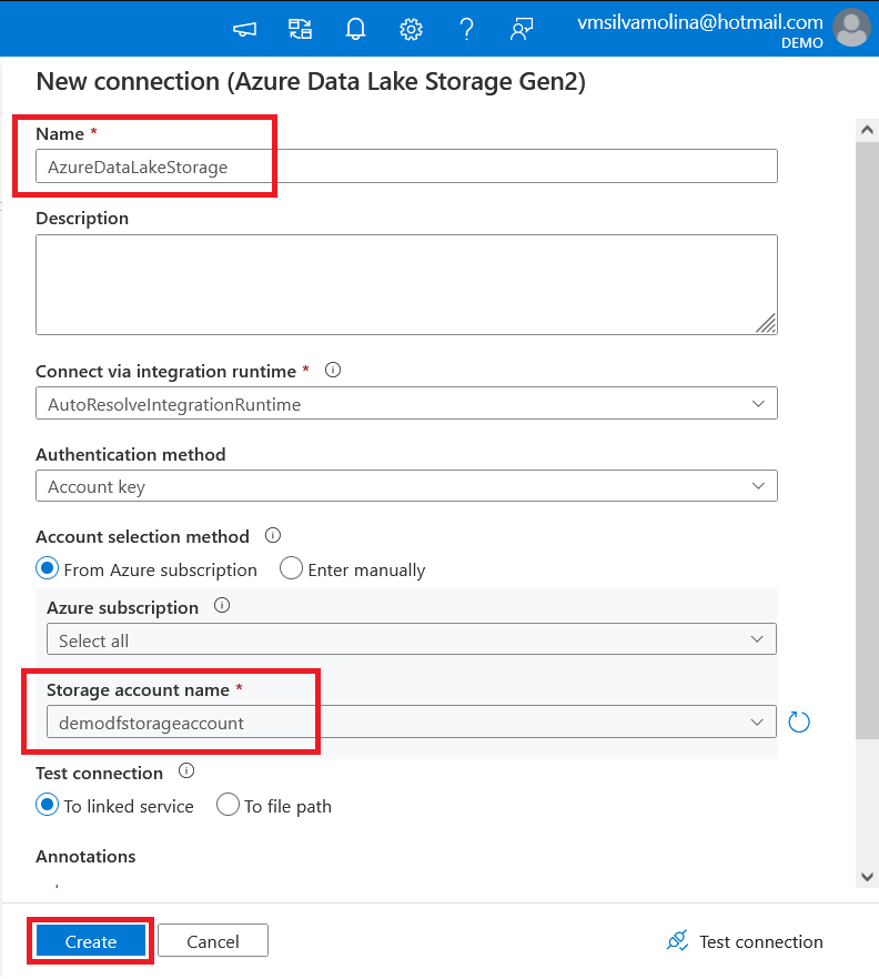 Configuring New Connection for the Azure Data Lake Storage