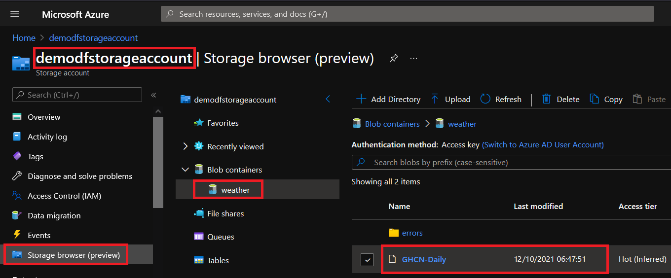 Viewing Newly Moved Data in Azure Storage Explorer