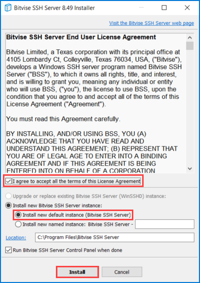 Setting up License Agreement and Instance Installation Options
