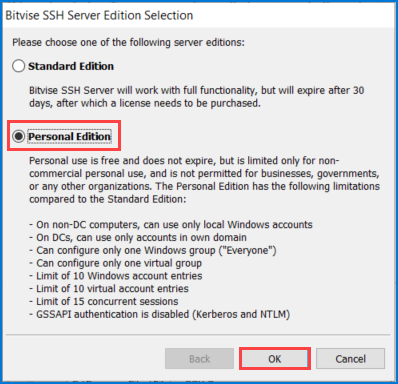 Choosing the Bitvise SSH server edition