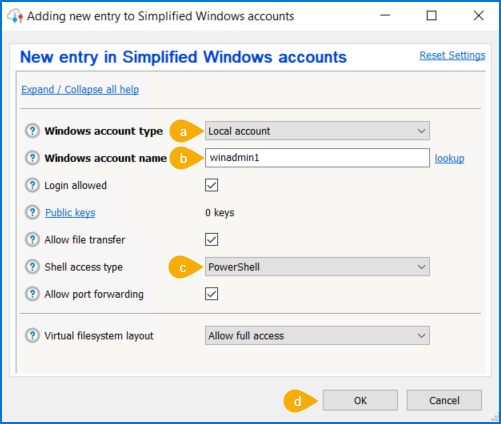 Entering the Windows account information