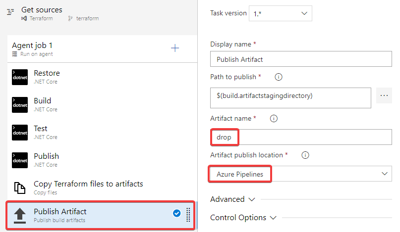 Editing the task to publish the artifacts