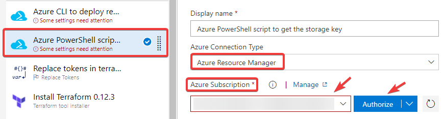 Editing the 'Azure PowerShell script to get the storage key' task