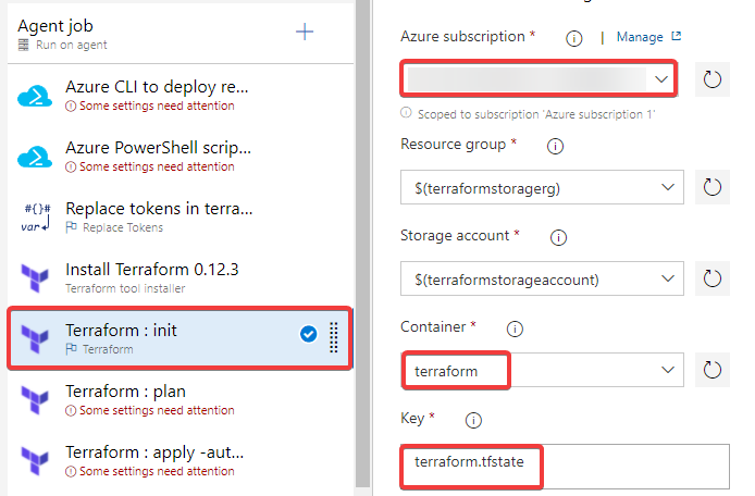 Editing the 'Terraform : init' task.