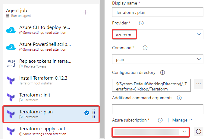 Editing the 'Terraform : plan' task.