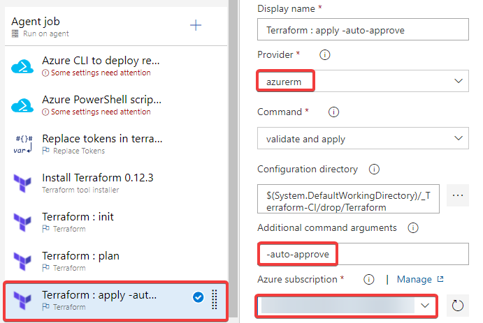 Editing the 'Terraform : apply -auto-approve' task.