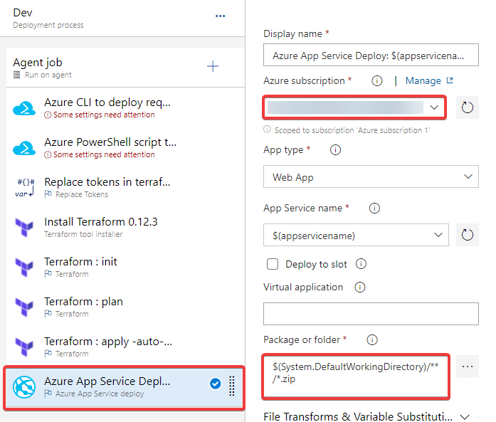 Editing the 'Azure App Service Deploy' task.