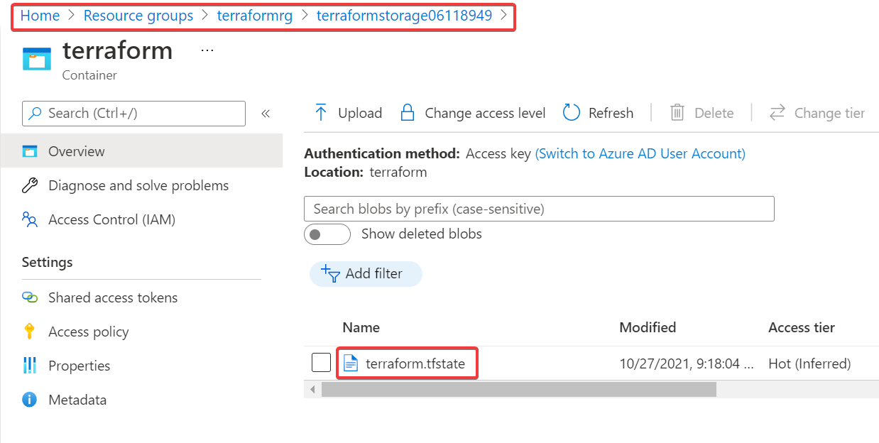 Viewing the Terraform state file stored using the Azure subscription