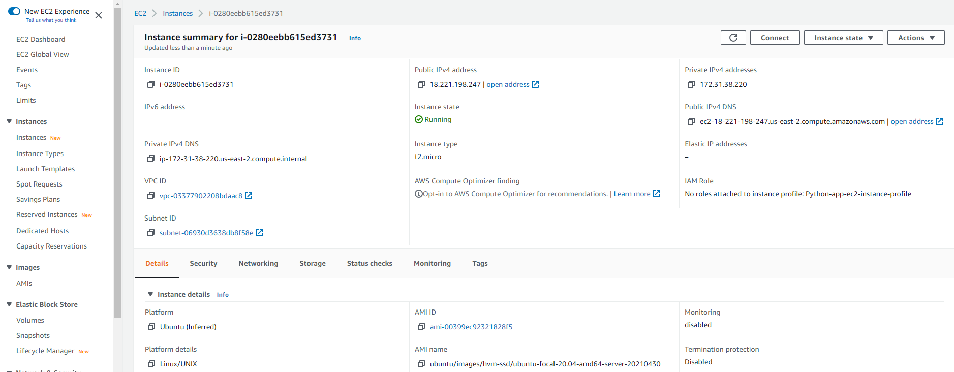 Viewing the summary of the EC2 instance