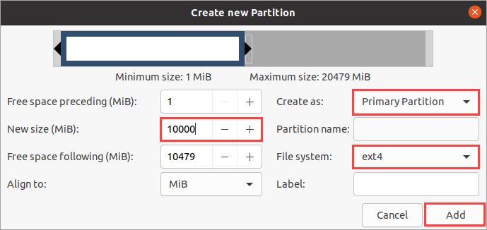 Setting the new partition parameters 