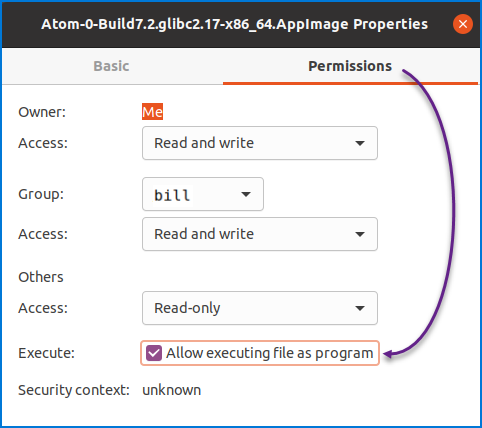 Making the AppImage file executable