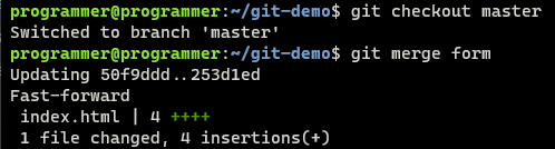 Merging branches with git merge command.