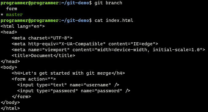 Verifying the index.html content after a Git merge.