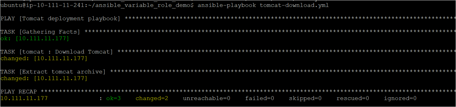Executing playbook to deploy the Apache Tomcat role