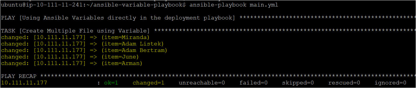 Executing the Ansible playbook on the remote node 