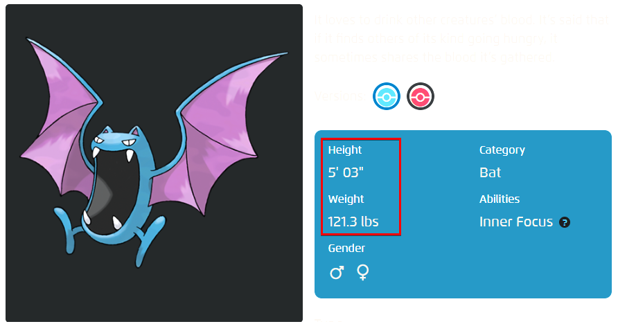 height and weight value to fill in the missing data for Golbat in your dataset