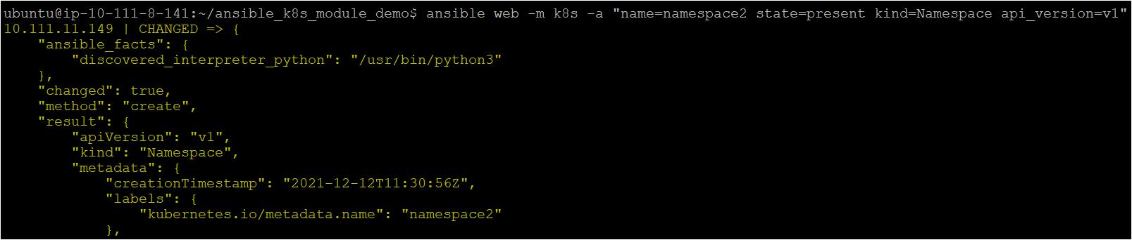 Creating the Kubernetes namespace using the Ansible ad hoc command.