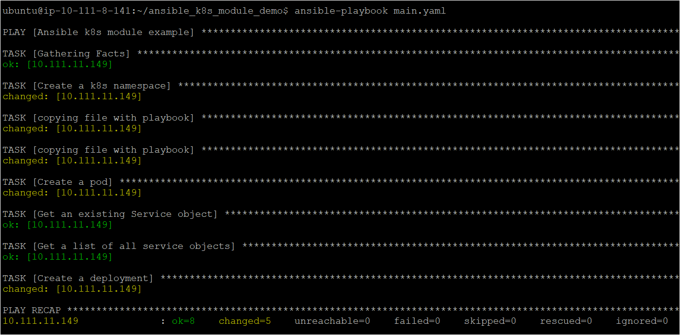 Running the ansible-playbook to manage the Kubernetes objects in the Kubernetes cluster