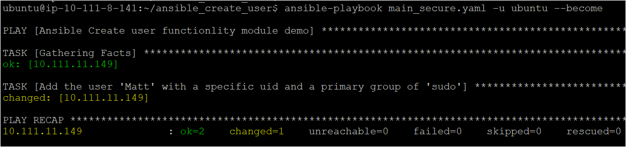 Running the Ansible playbook to create the user with a secure password