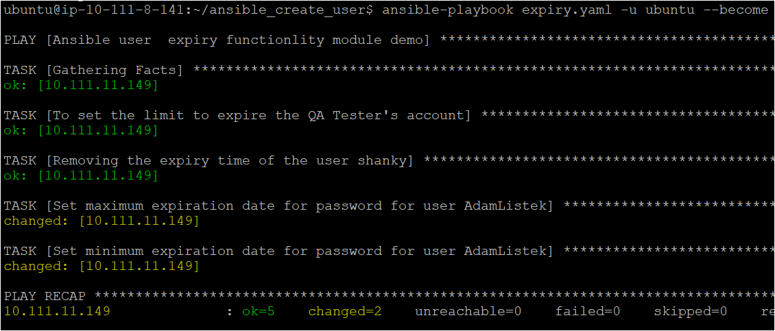 Running the Ansible playbook to manage users password expiry