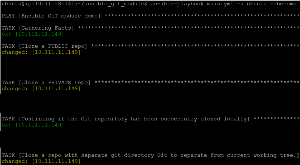 Running the Ansible playbook to perform Git commands on Github by using ansible-playbook