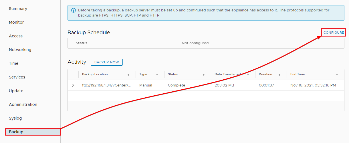 Accessing the Create Backup Schedule Page