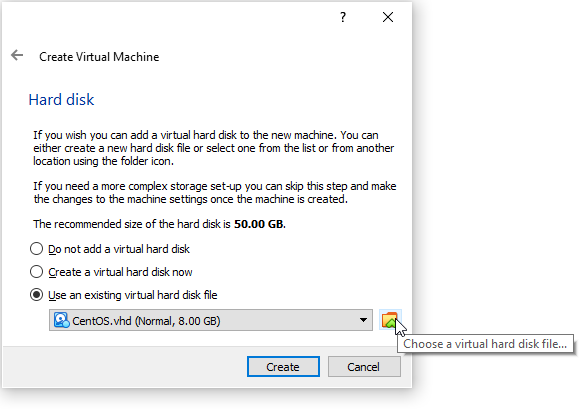 VM Creation Window: Hard Disk creation
