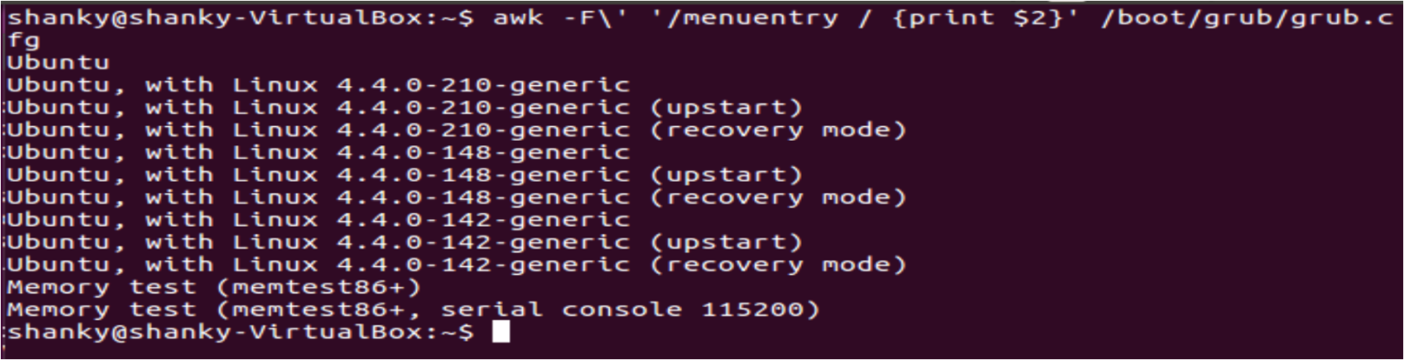 Salidas de awk mostrando las entradas del menú de GRUB