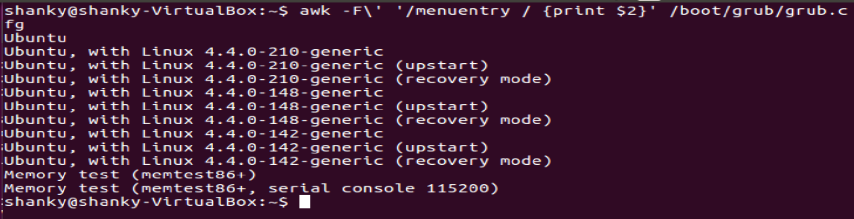 awk command filtering all the entries stored in /boot/grub/grub.cfg