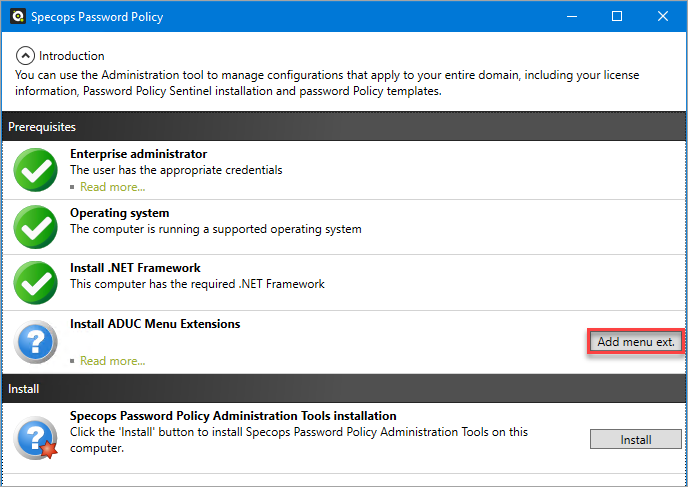 Installing the Specops Password Policy context menu.