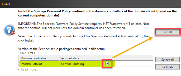 Installing Specops Password Policy Sentinel on the Domain Controllers
