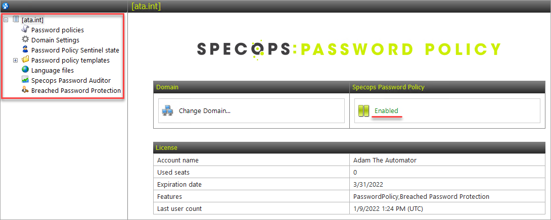 Specops Password Policy Status is now enabled