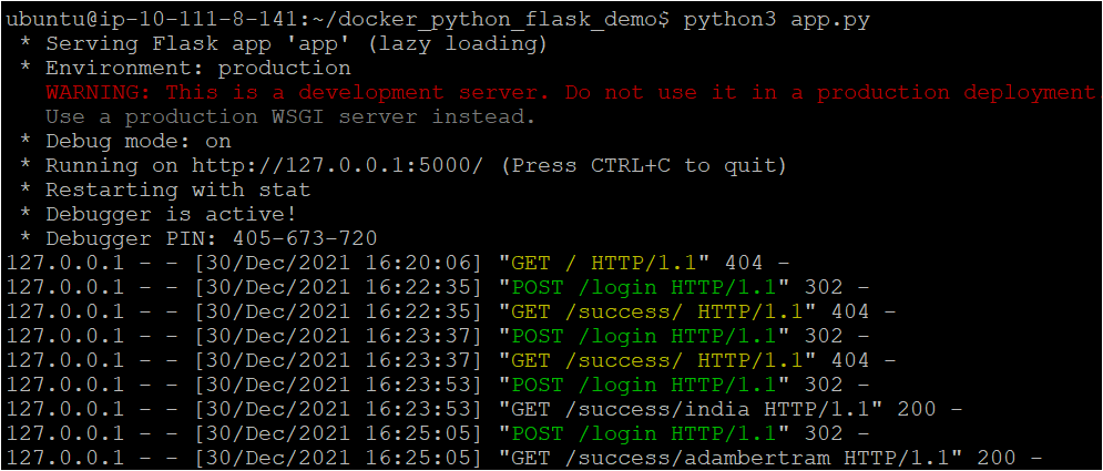 Running the Python application on the ubuntu machine.
