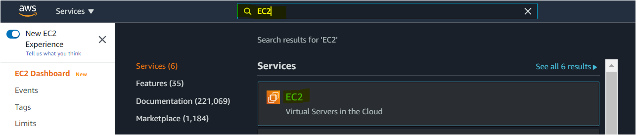 Searching the EC2 service in the AWS account