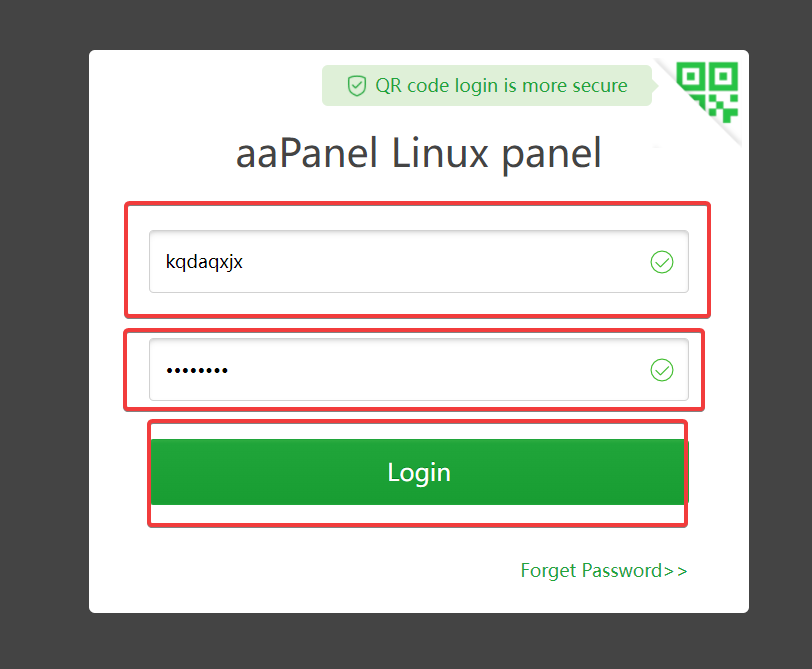 Logging into the URL of your aaPanel panel