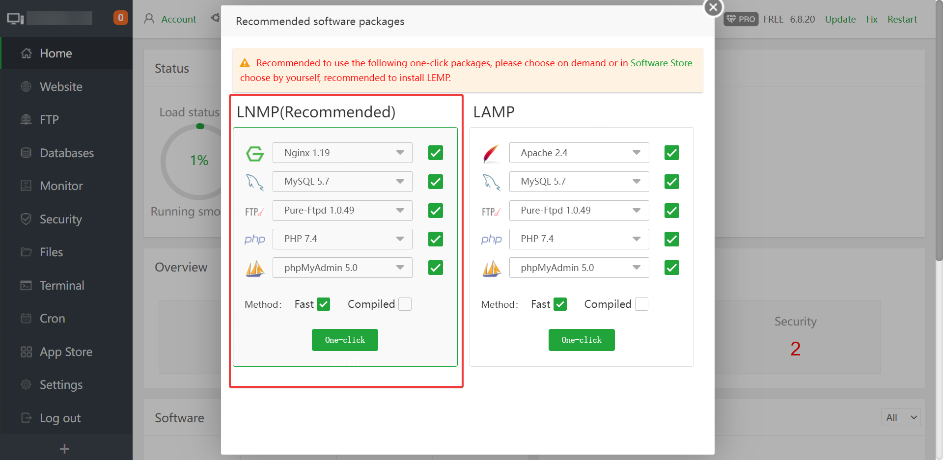 Selecting the LNMP(Recommended) option 