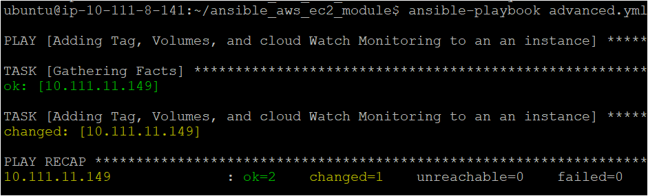 Executing the Ansible Playbook to Create an Instance with Tag, Volume, and Cloud Watch Monitoring