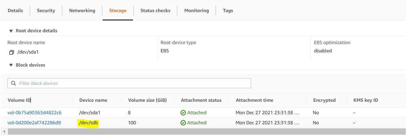 Verifying the volume created in the AWS account for the AWS EC2 instance.