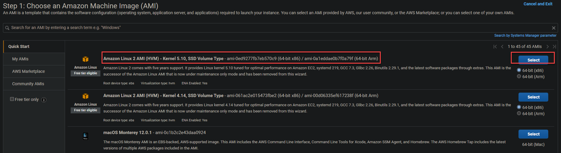Selecting Amazon Linux 2 AMI (HVM)