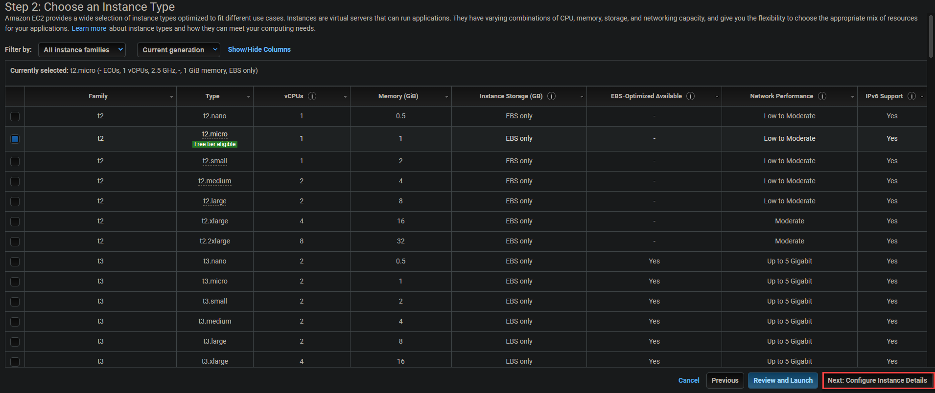 Previewing the instance type