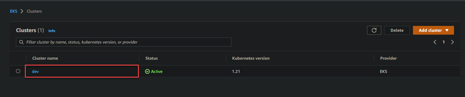 Navigating to the dev EKS Cluster dashboard.