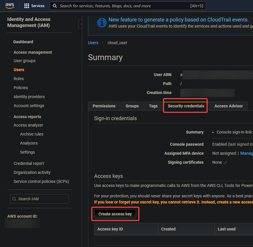 Creating your Admin user Access Key 