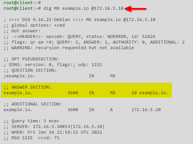 Verifying the MX record of the example.io domain
